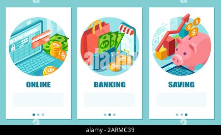 Isometric vector set of online banking, shopping and saving concept Stock Vector