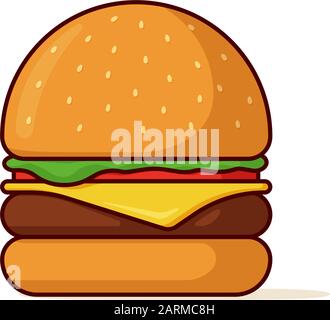 Burger fast food isolated. Hamburger with tomato bow greens juicy fried beef cutlet cheese slice in golden bun with sauce. Cheeseburger fastfood flat vector outline illustration Stock Vector