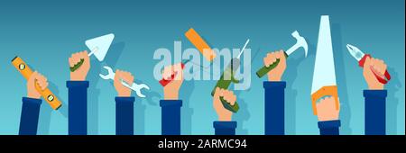 Vector of workers holding repair tools in their hands isolated on blue background. Stock Vector