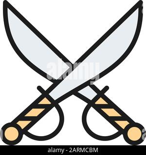 Crossed pirate sabers, swords, weapon flat color line icon. Stock Vector