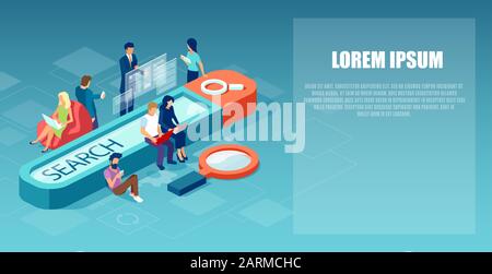 Vector of an online search bar and people working on mobile devices browsing internet Stock Vector