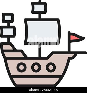 Old ship, sailing vessel, pirates transport flat color line icon. Stock Vector