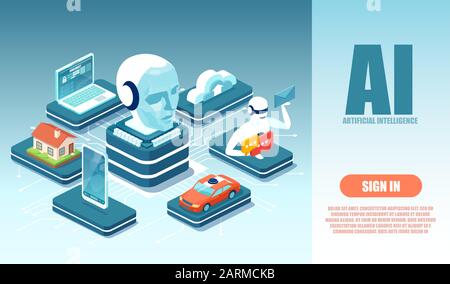 Vector of a robot artificial intelligence controlling modern technology laptop, car, smartphone, home Stock Vector