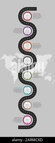 Modern road infographic template with circles. Business concept with 8 options. Eight steps for content, flowchart, timeline, levels, marketing, prese Stock Vector