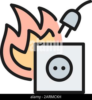 Dangerous electrical outlet, short circuit flat color line icon. Stock Vector