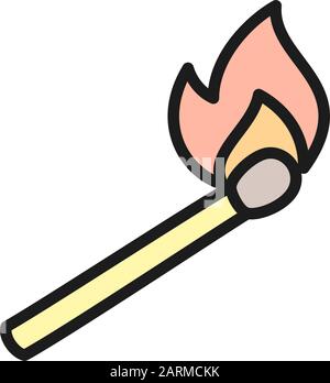 Burning match stick flat color line icon. Stock Vector