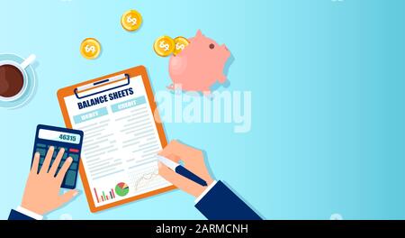 Vector of an accountant with calculator analyzing balance sheets and financial report statements Stock Vector