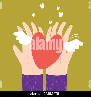 Two hands holding a heart with wings vector cartoon illustration.Top view. Valentine's day, love, relationship. Charity symbol. Stock Vector