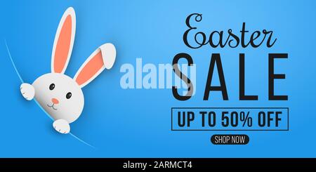 Easter web banner for sale. Template for your project. Cartoon cute bunny looking out of a cut hole. Vector illustration. EPS 10 Stock Vector