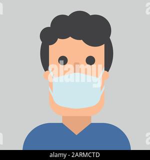 Man in mask, flat character in breathing mask. Air pollution. Bacterias and virus in air. Warning quarantine. Hand drawn vector illustration. Coronavi Stock Vector