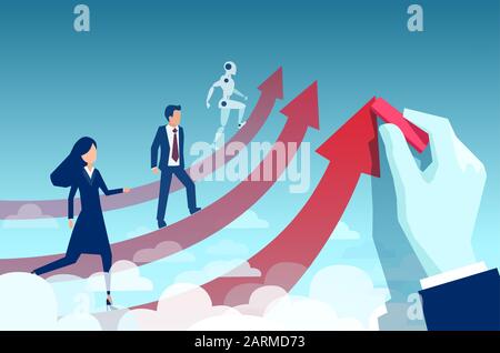 Vector of a manager hand drawing an arrow assisting businesswoman to achive success in competition with businessman and ai Stock Vector