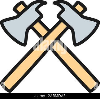 Fire axes, firefighter equipment flat color line icon. Stock Vector