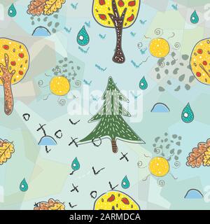Seamless Pattern with Hand Drawn Trees, rain, leaves and Sun. Scandinavian Hand Drawn Style. Vector Illustration Stock Vector