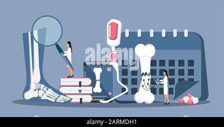 Prothesis and orthopedic center concept vector for website. Tiny doctors offer runner leg prosthesis. Bionic metal limb for human. Disability day Stock Vector