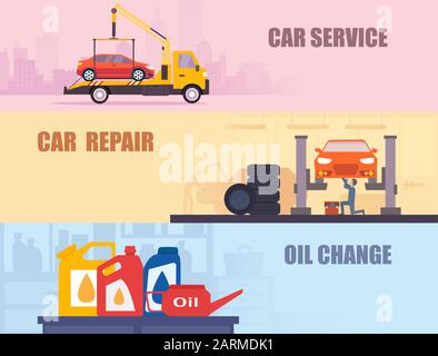 Vector set of an auto repair, service shop and road assistance Stock Vector