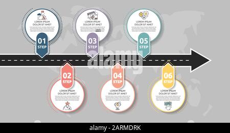 Modern road infographic template with circles. Business concept with 6 options and arrows. Six steps for brochure, diagram, timeline, levels, timeline Stock Vector