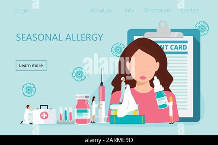 Allergy attack because of spring flowers. Girl is sneezing, is needed medical care. Tiny allergists make allergy diagnosis, treat pollen allergy