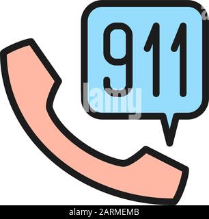 Emergency call to rescue service flat color line icon. Stock Vector