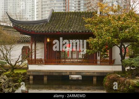A pagoda in  Dr. Sun Yat-Sen Classical Chinese Garden, Chinatown, Vancouver, BC, Canada Stock Photo