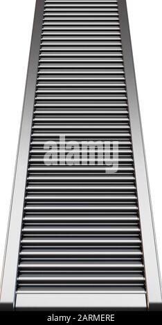 A section of a regular empty roller conveyor made of chrome and stainless steel on an isolated white studio background - 3D render Stock Photo