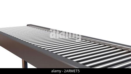 A section of a regular empty roller conveyor made of chrome and stainless steel on an isolated white studio background - 3D render Stock Photo