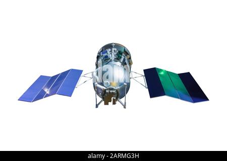 Spaceship satellite telescope with four solar panels open, isolated on white background Stock Photo