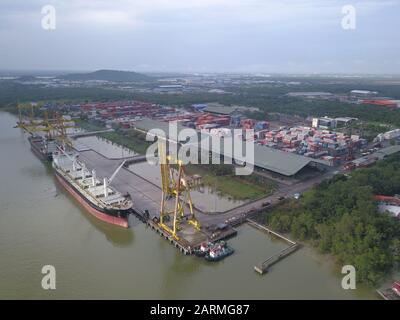 Kuching, Sarawak / Malaysia - November 18 2019: The Senari Port of Sejingkat area where all the cargo ships and containers unload in the Kuching city. Stock Photo