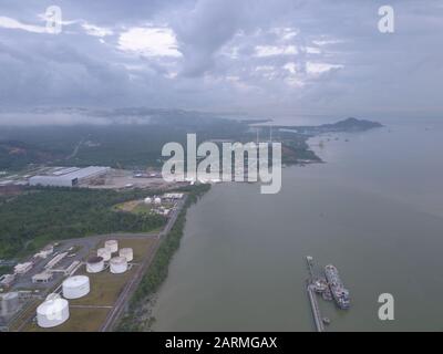 Kuching, Sarawak / Malaysia - November 18 2019: The Senari Port of Sejingkat area where all the cargo ships and containers unload in the Kuching city. Stock Photo