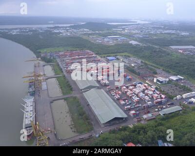 Kuching, Sarawak / Malaysia - November 18 2019: The Senari Port of Sejingkat area where all the cargo ships and containers unload in the Kuching city. Stock Photo