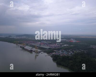 Kuching, Sarawak / Malaysia - November 18 2019: The Senari Port of Sejingkat area where all the cargo ships and containers unload in the Kuching city. Stock Photo