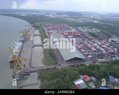 Kuching, Sarawak / Malaysia - November 18 2019: The Senari Port of Sejingkat area where all the cargo ships and containers unload in the Kuching city. Stock Photo