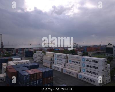 Kuching, Sarawak / Malaysia - November 18 2019: The Senari Port of Sejingkat area where all the cargo ships and containers unload in the Kuching city. Stock Photo