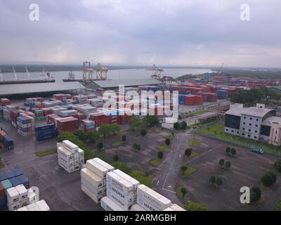 Kuching, Sarawak / Malaysia - November 18 2019: The Senari Port of Sejingkat area where all the cargo ships and containers unload in the Kuching city. Stock Photo