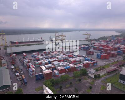 Kuching, Sarawak / Malaysia - November 18 2019: The Senari Port of Sejingkat area where all the cargo ships and containers unload in the Kuching city. Stock Photo