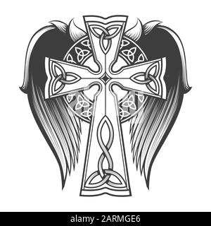 Cross in celtic style with big wings tattoo in engraving style. Vector illustration. Stock Vector