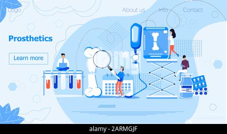 Prothesis and orthopedic center concept vector for website. Tiny doctors offer runner leg prosthesis. Bionic metal limb for human. Disability day Stock Vector