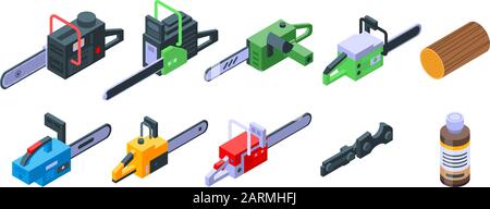 Chainsaw icons set, isometric style Stock Vector