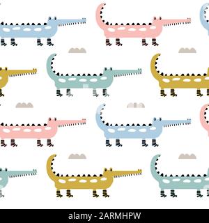 Seamless childish pattern with cute color crocodiles Stock Vector