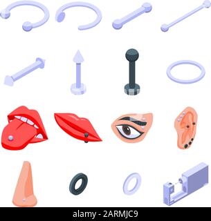 Piercing icons set, isometric style Stock Vector