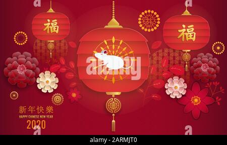 Chinese new year 2020 year of the rat , red and gold paper cut rat character, flower and asian elements with craft style on background. Design of post Stock Vector
