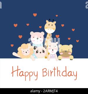 Happy Birthday card background with animals group. illustrator vector. Stock Vector