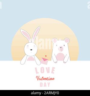 Valentine's Day card with bunny and bear in love. vector card Stock Vector