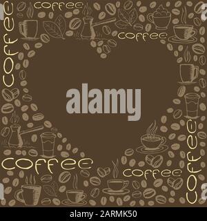 Coffee doodles background with blank heart shape inside. Hand drawn sketchy symbols pattern. Vector eps8 illustration. Stock Vector