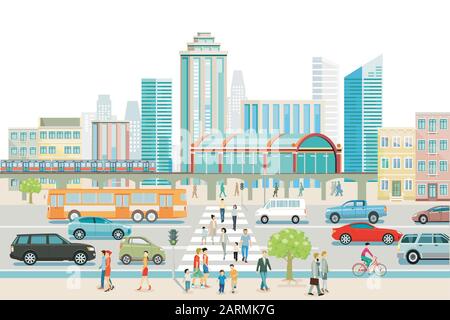 Big city with train station, bus, and pedestrian crossing Stock Vector