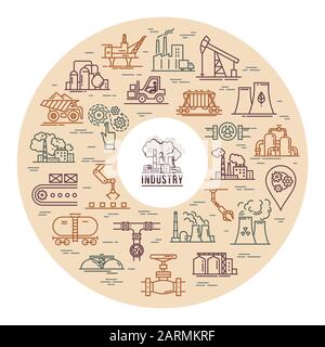 Circular vector concept which consists of linear icons of industrial theme on a brown background. Stock Vector