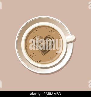 Cup of espresso with latte art heart top view. Cappuccino coffee mug on white saucer with etching pattern. Vector eps8 illustration. Stock Vector