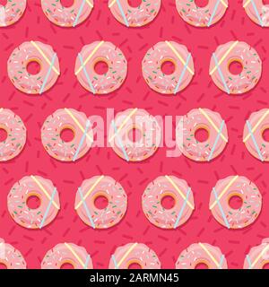 Donut seamless pattern. Sweet sugar icing donuts in the pink glaze on red creamy background. Food bakery decoration. Vector eps8 illustration. Stock Vector