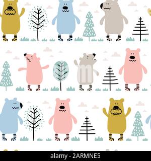 Seamless childish pattern with cute dancing bears Stock Vector