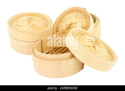 Traditional bamboo cooking steamers isolated on a white background Stock Photo