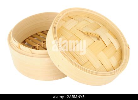 Traditional bamboo cooking steamers isolated on a white background Stock Photo